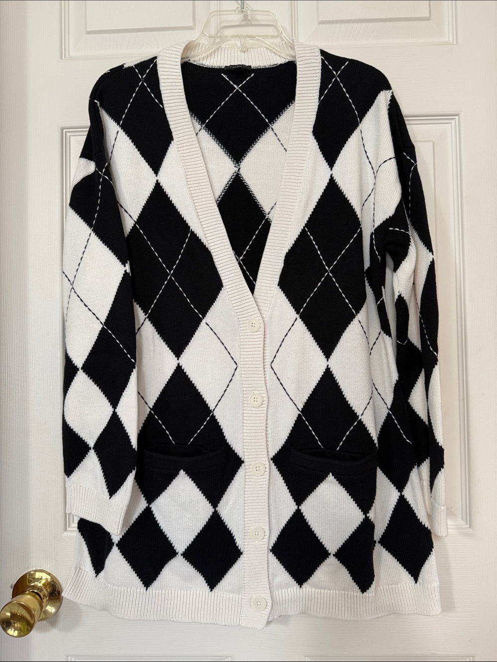 Talbots Black & White Argyle Button-Front Women's Cardigan Sweater